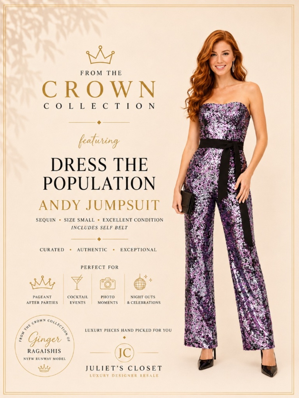 Dress the Population Andy Sequin Jumpsuit S Purple